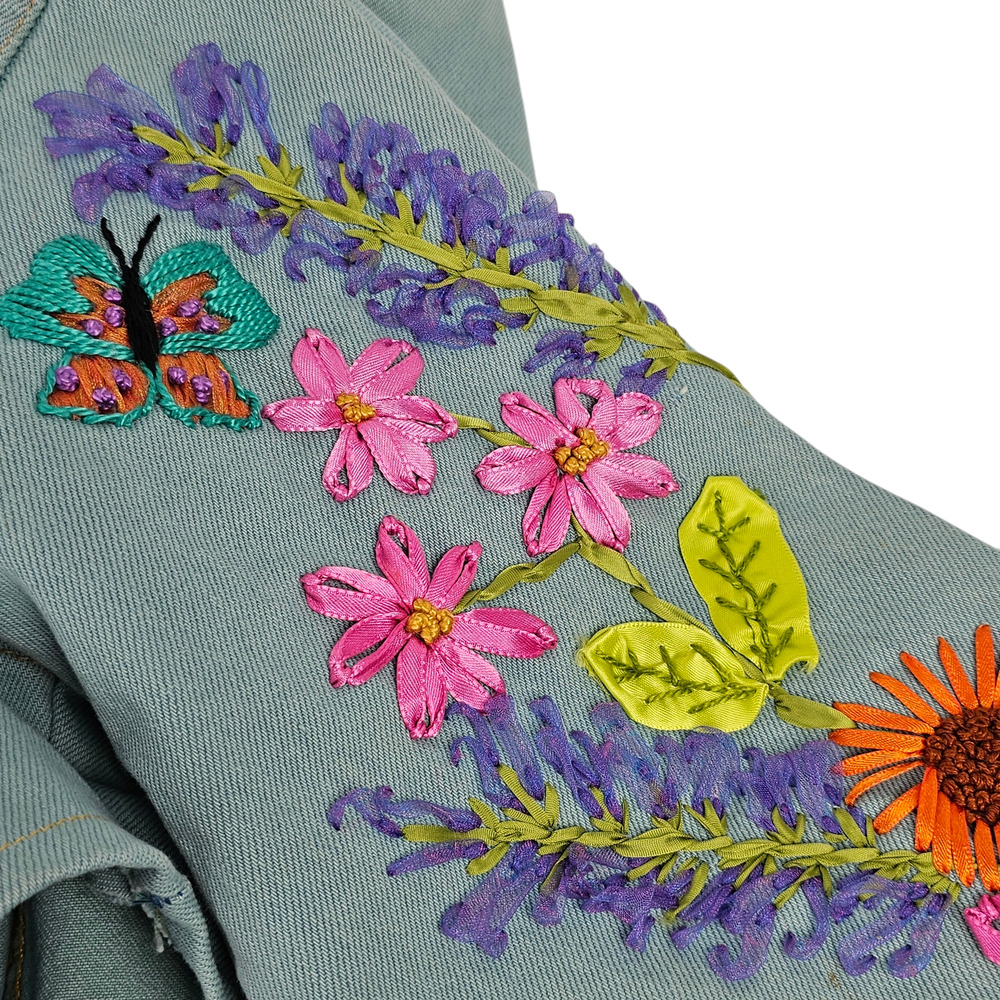Jacket Upcycled blue green denim ribbon embroidered floral cropped Small - Picture 9 of 13